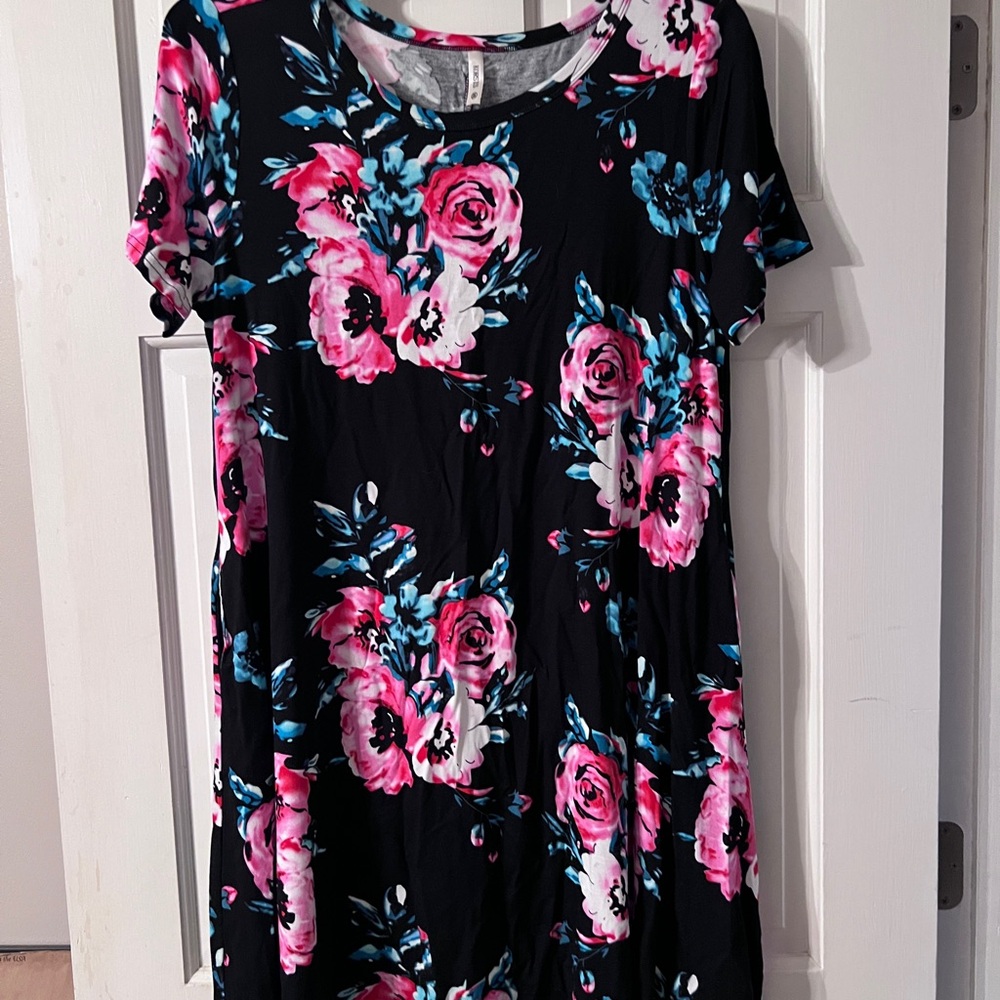 KORSIS Black Dress with Pink and Blue Floral Design